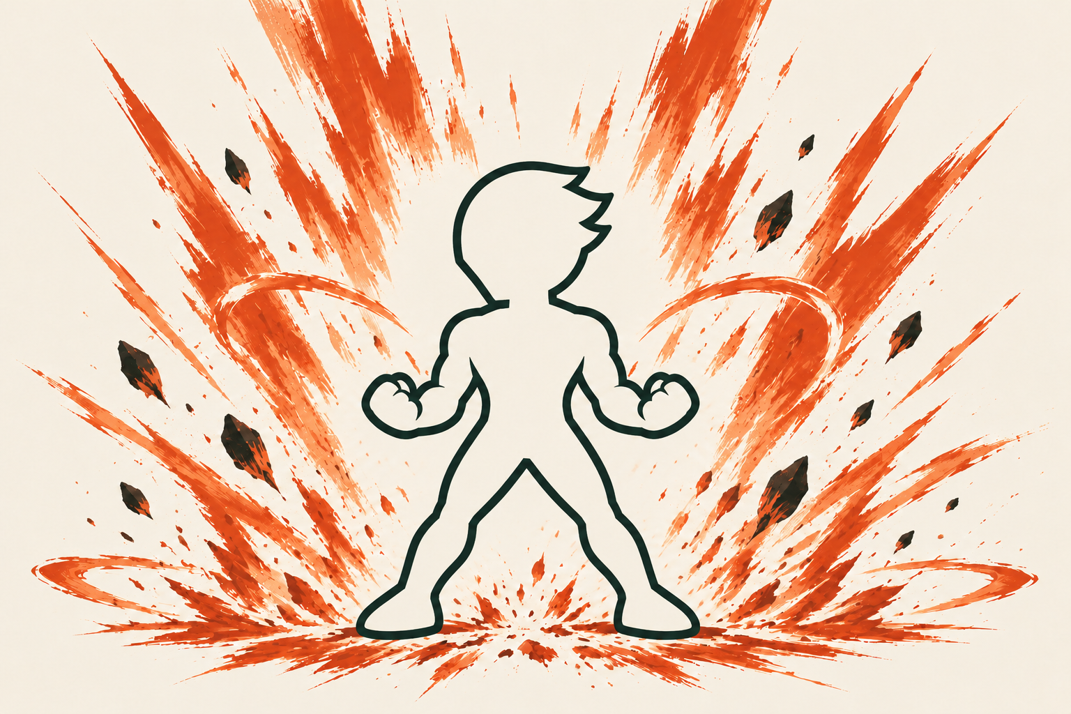 A stylized humanoid outline powering up in an orange burst of energy.